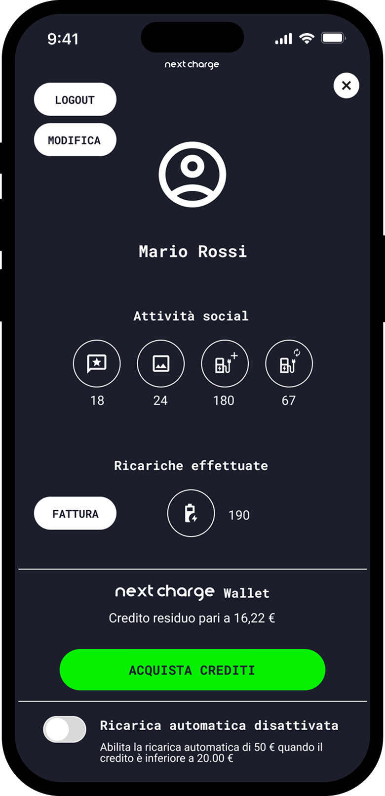 Next charge app, profile area with Iphone frame